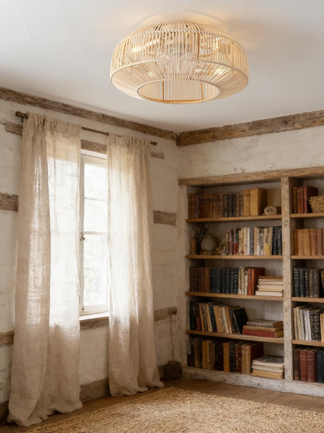 20in Boho Caged Fandelier with Lights, Rattan Low Profile Ceiling Fan with Remote Control, 6 Speeds Flush Mount Ceiling Fan with Light for Bedroom,Living Room,Kitchen