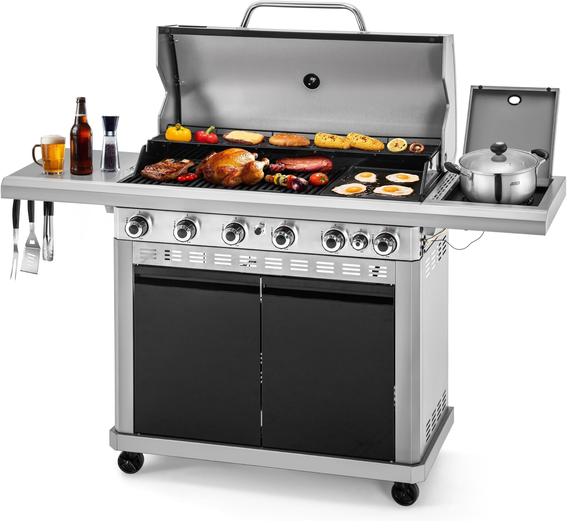 MFSTUDIO 6 Burner BBQ Propane Gas Grill with Side Burner & Porcelain-Enameled Cast Iron Grates, Grill Griddle Combo for Outdoor Barbecue, 740 SQ.IN. Large Cooking Area
