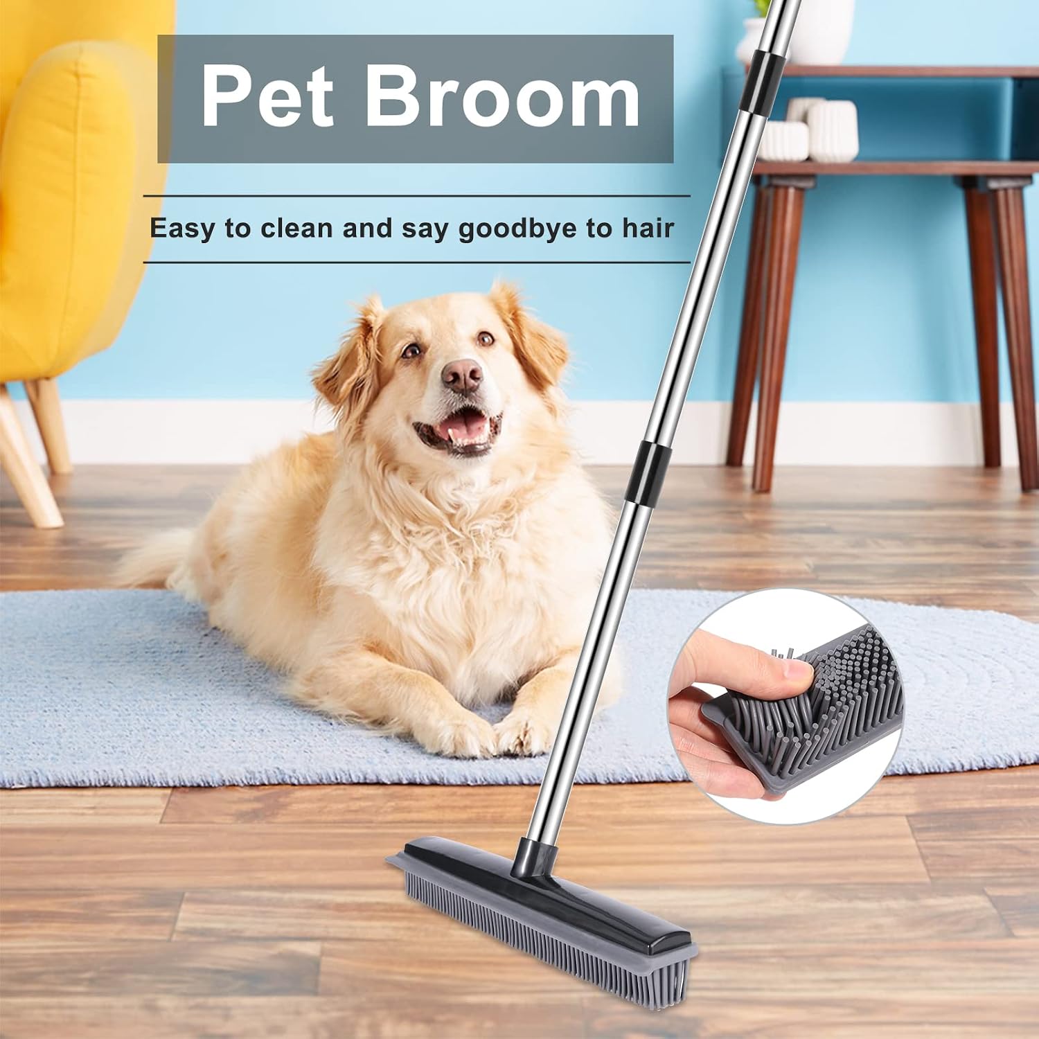 Push Broom, Soft Bristle Rubber Sweeper Squeegee Edge with 59 inches Adjustable Long Handle, Non Scratch Bristle Broom for Pet Cat Dog Hair Carpet Hardwood Floor Tile Windows Cleaning (Black)