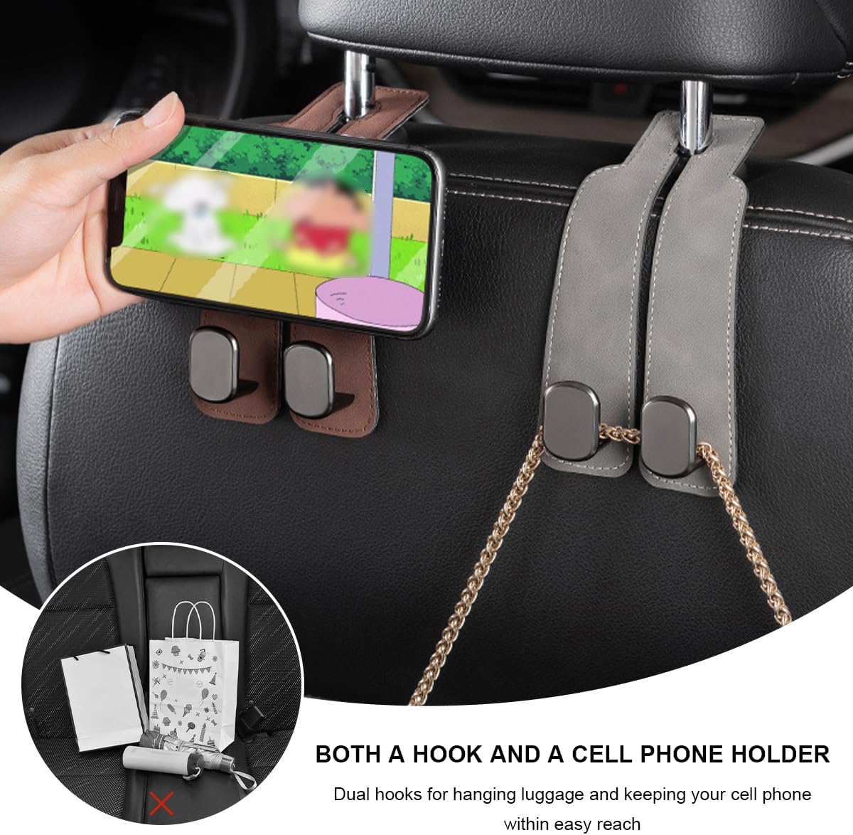 2 PCS Car Seat Headrest Hook, Suede Leather Back Seat Organizer Double Metal Hooks, Universal Headrest Hanger Convenient Vehicle Storage Hook for Purse Handbag Coats (Black) image 4