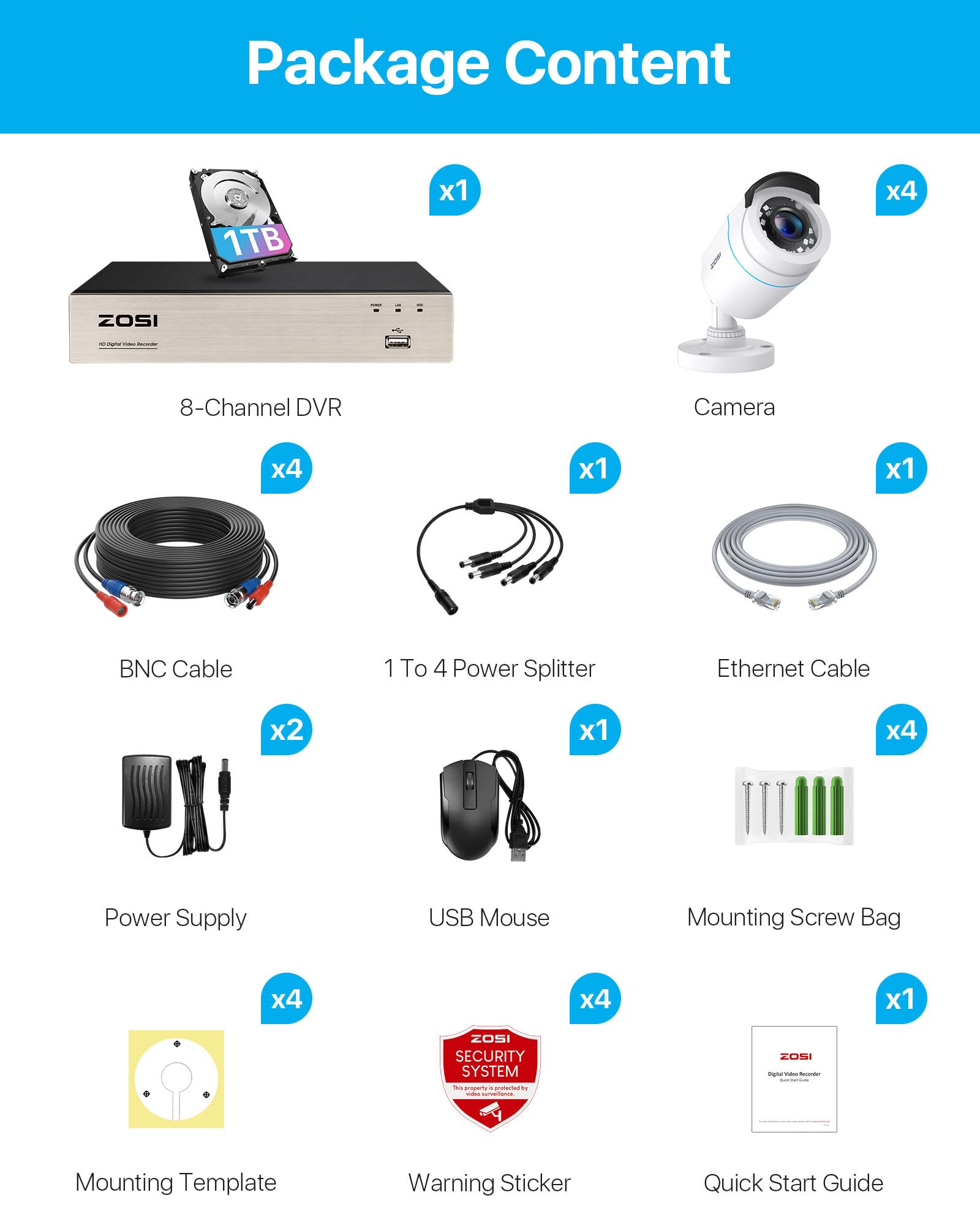 ZOSI 1080P Aussen Verkabelt Überwachungskamera Set mit 1TB HDD, 8CH H.265+ DVR, 4X 2MP Kabelgebunden Outdoor Bullet Kamera mit BNC Kabel, 24/7 Videoaufzeichnung