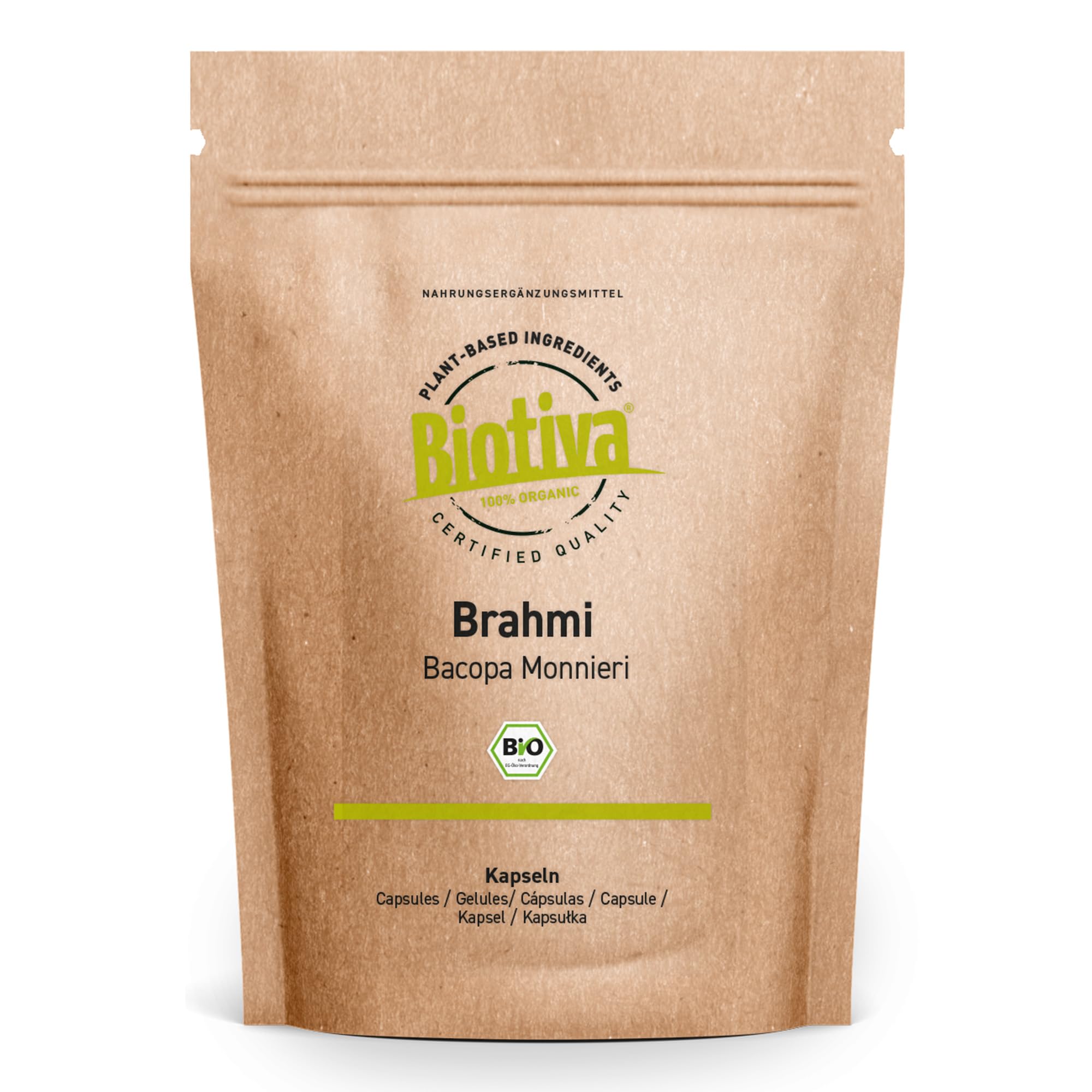 Brahmi Gélules Bio - 500 Veggie Gélules - 500mg par capsule - Bacopa Monnieri - plante mémoire - végétalien - sans additifs - embouteillé et contrôlé en Allemagne - Biotiva