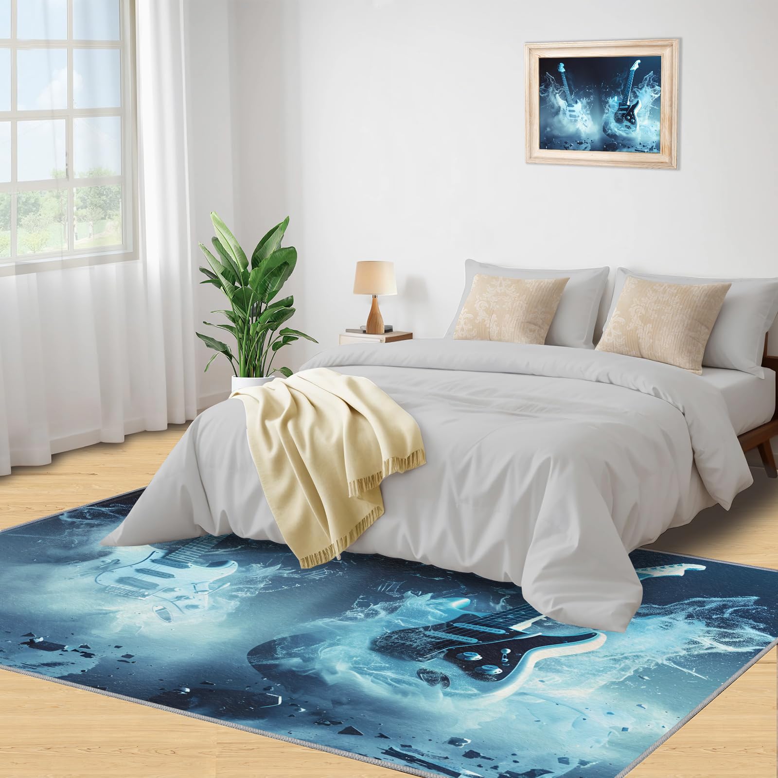 Tapis à motif guitare pour salle de musique – Tapis musical pour garçons, salon, chambre à coucher, lavable, antidérapant et doux, petit tapis rock and roll et décoration d'intérieur 90 x 120 cm