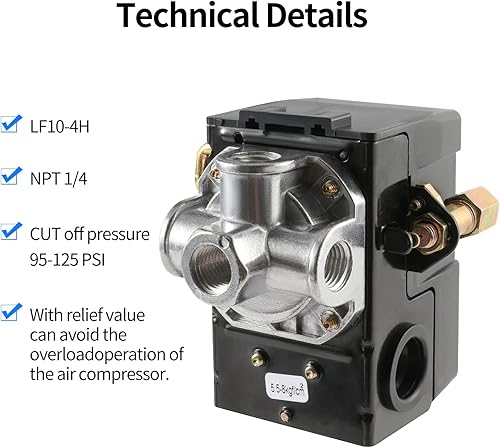 Miniatura 4 de Reemplazo del interruptor de presión del compresor de aire LF10-4H con rango de 95-125 PSI y clasificación de 20 A, 4 puertos