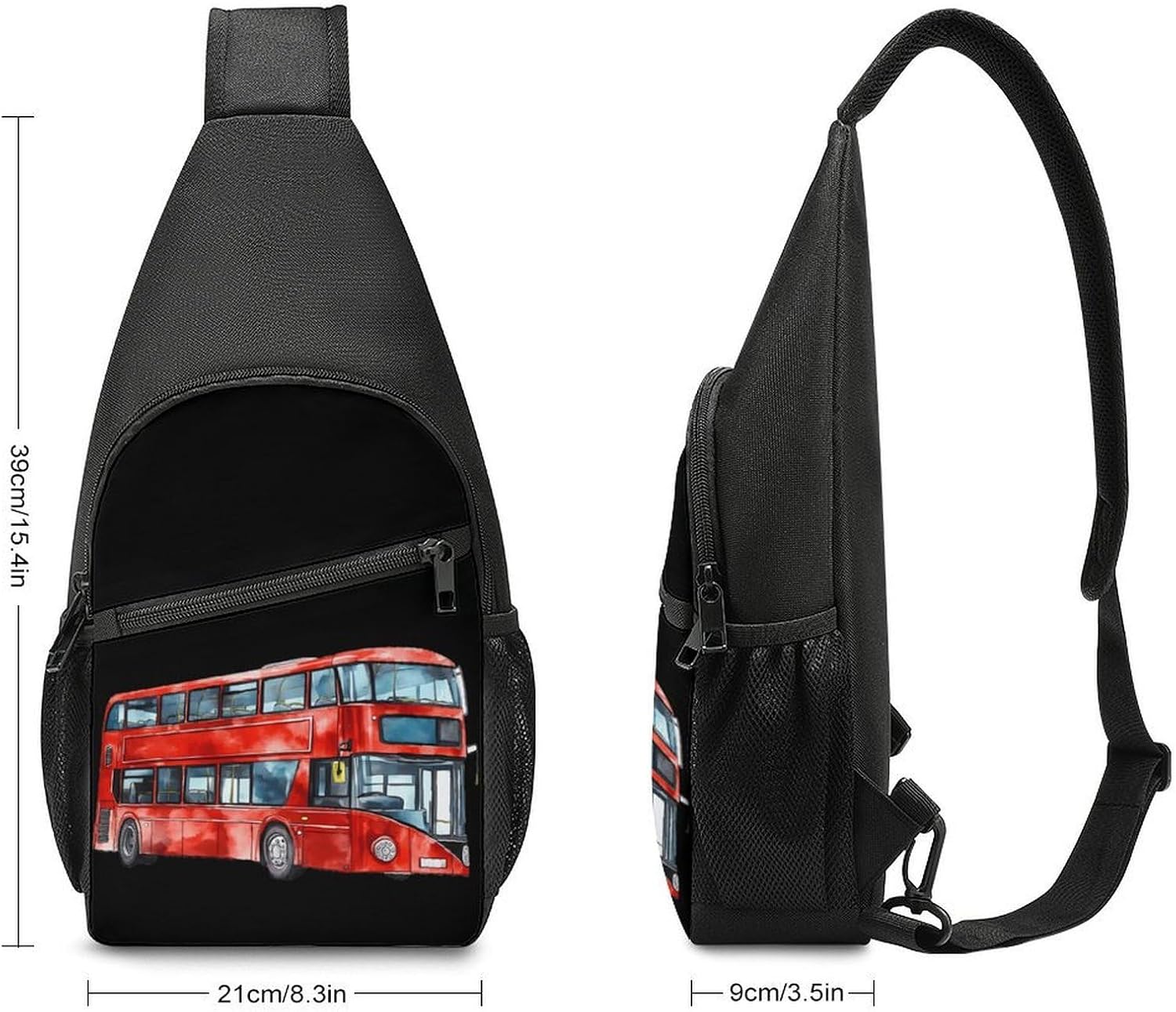 Watercolor London Bus Crossbody Sling Backpack Chest Bag Daypack | unisex,trendy,with convertible and detachable shoulder strap,side pockets