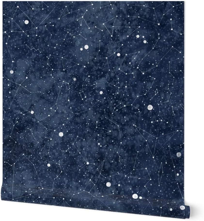 Spoonflower Removable Wallpaper 6ft x 2ft - Star Constellations Hand Drawn Stars Night Sky Watercolor Galaxy Custom Pre-Pasted Wallpaper