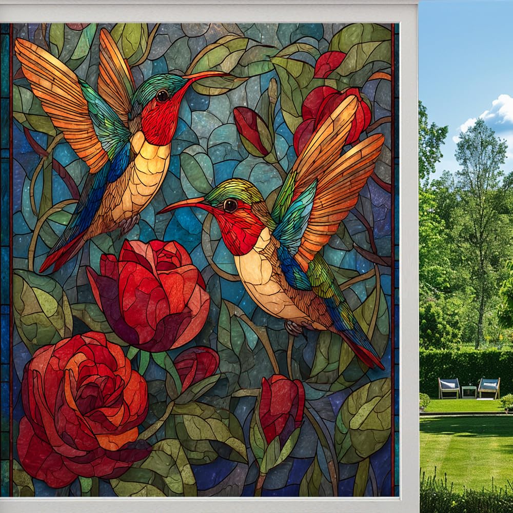 Watercolor Hummingbird Stained Glass Window Film, Roses Floral Bird Nature Peel and Stick Privacy Film, Frosted Adhesive Vinyl Decorative for Bathroom Windows Glass Doors, （90x160cm）