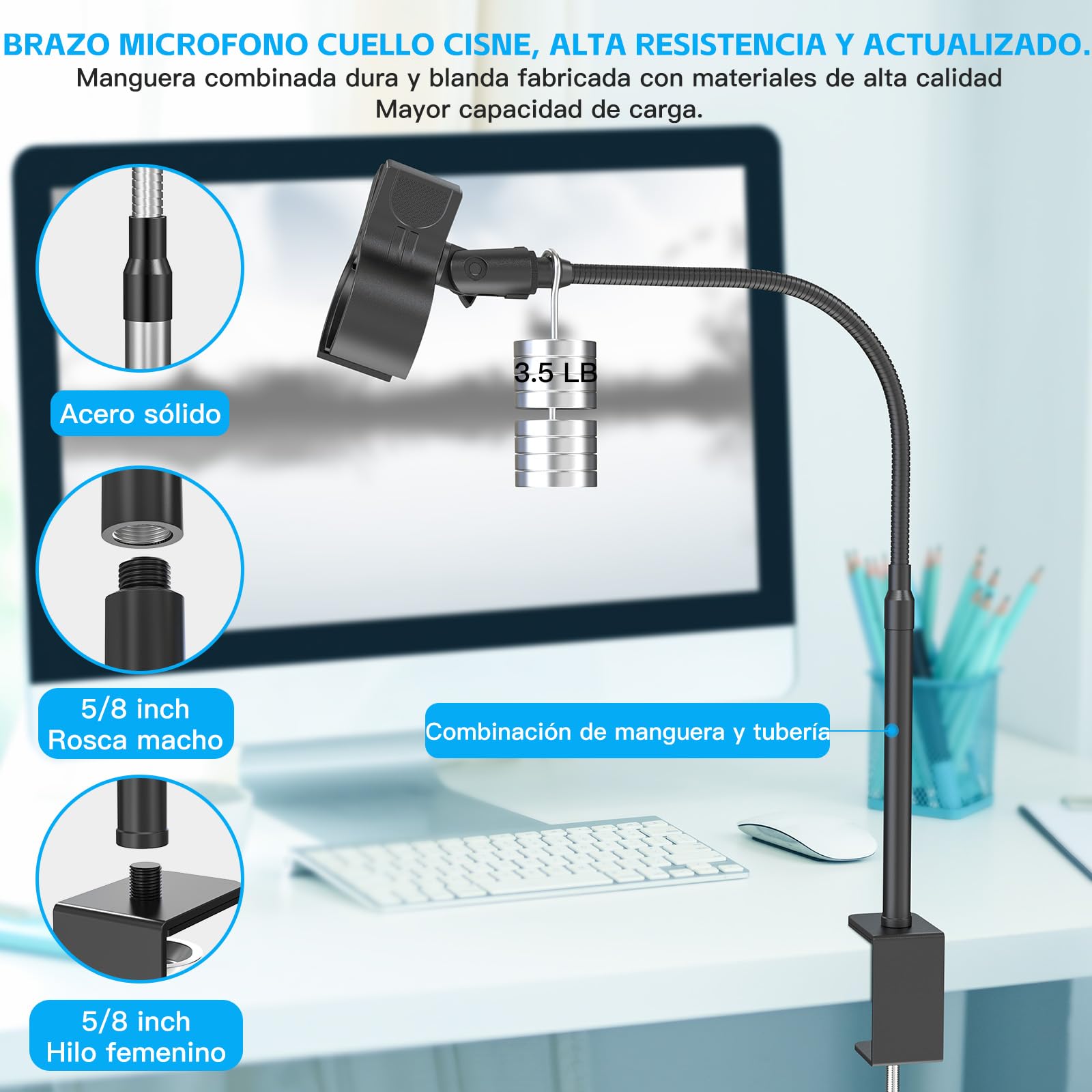 ZealSound Soporte de Micrófono, Pie de Microfono de Escritorio con Cuello de Cisne,Totalmente ajustable 360 ° Giratorio 90 ° Plegable, Adaptador de Tornillo de 3/8" a 5/8" para Blue Yeti y más