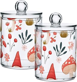 Herb Mushroom Clear Plastic Jars with Lids 4 Pack Qtip Holder Dispenser for Cotton Ball Swab, 14Oz Versatile Apothecary Jar Canisters Storage Organizer for Bathroom Kitchen