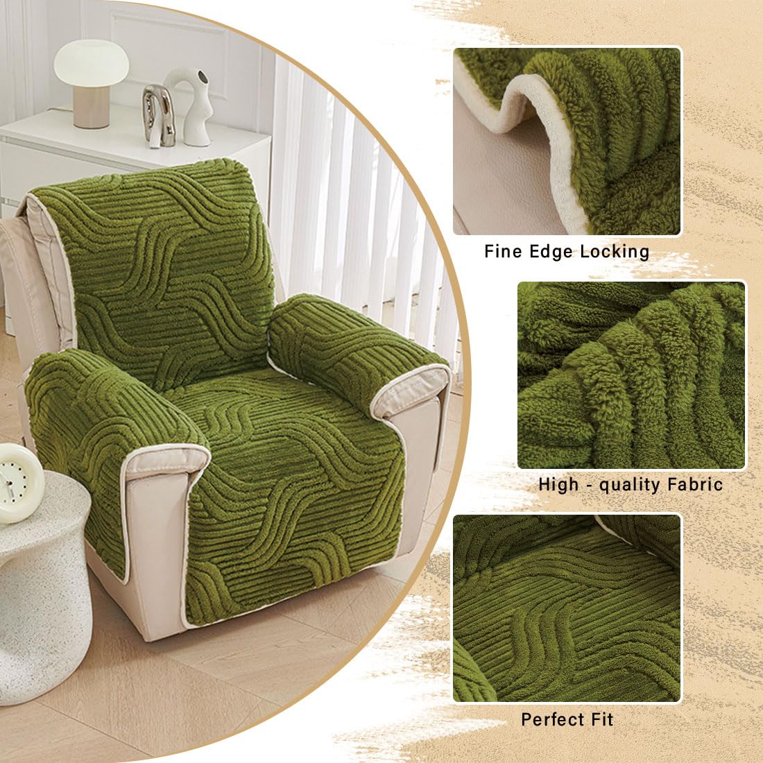 Funda de Sofá Reclinable de Felpa, Suave Y Esponjosa, de Jacquard, con Correas Elásticas para Niños Y Mascotas, Color Verde