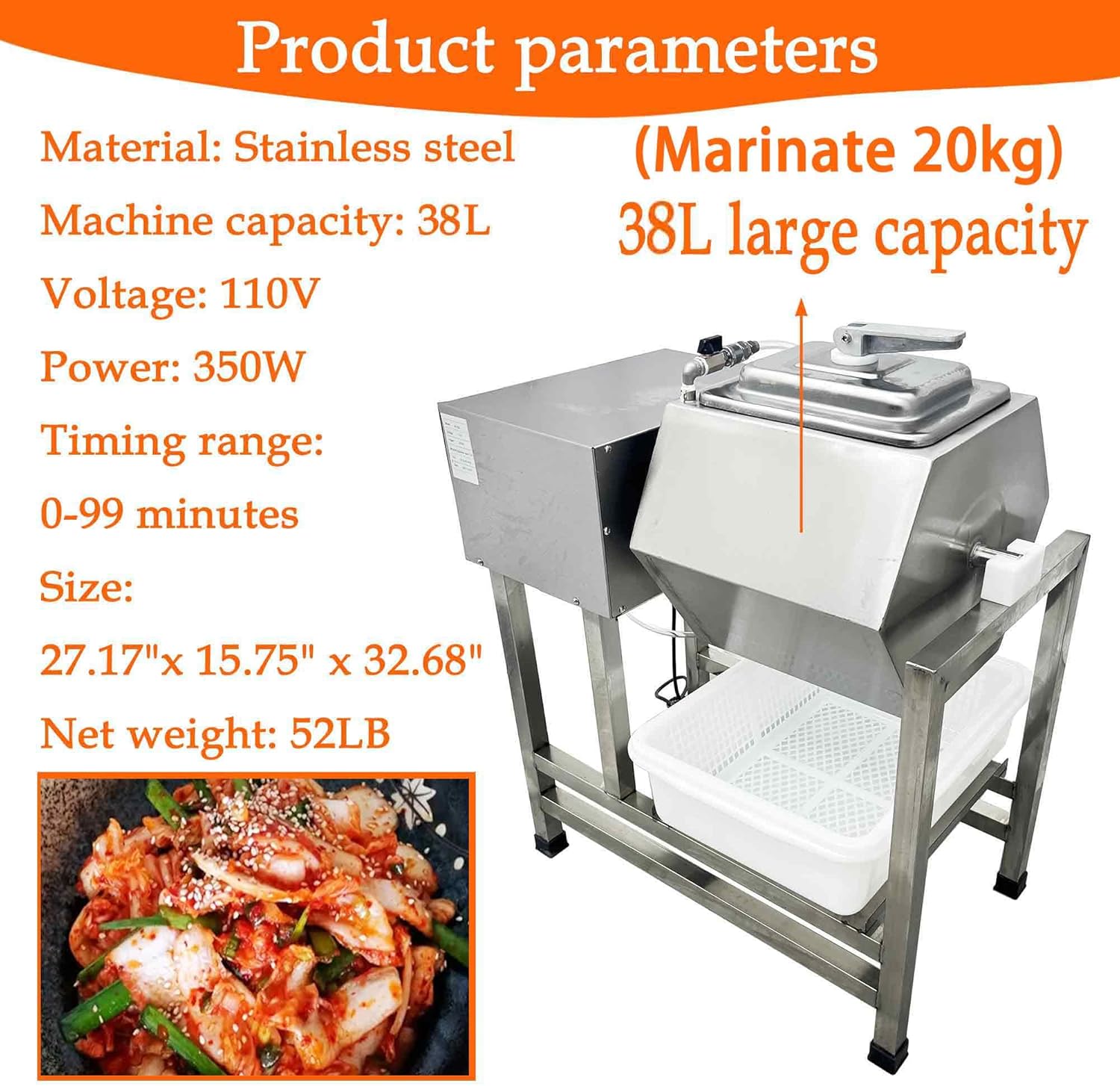 38L Commercial Vacuum Marinator Machine, 360° Rotation Meat Tumbler Marinator with Automatic Timer, Stainless Steel Hexagonal Barrel, for Meat, Vegetables 110V