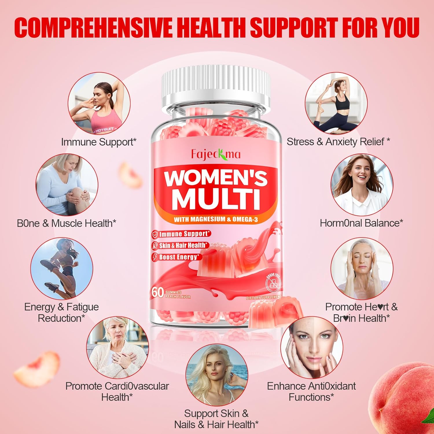 Women’s Multivitamin Chewable Gummies: Sugar Free Natural Vegan Vitamins Supplement Plus D3 K2 B9 B12 Biotin Iron Zinc Omega - Daily Energy Hair Immune Health Support for Work Women(60Count)