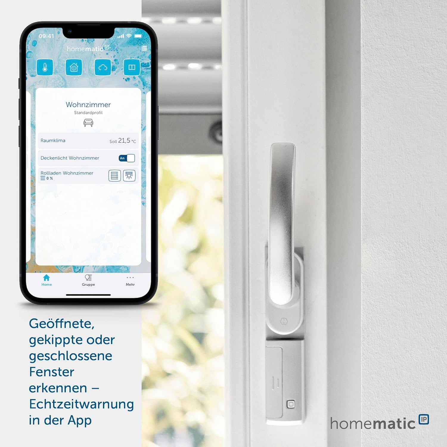Homematic IP Rotary Handle Sensor installed on a window with a smartphone displaying the Homematic IP app