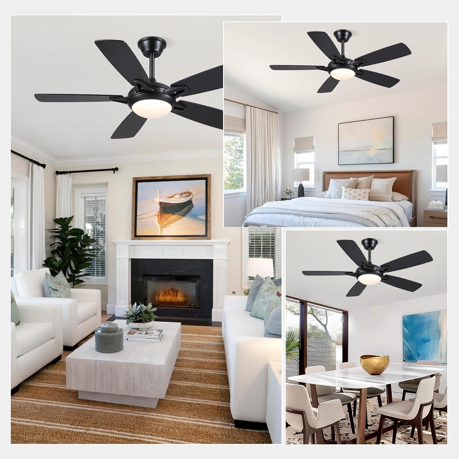 Kviflon 46 Inch Ceiling Fans with Lights and Remote, Modern Black Ceiling fan with light for Bedroom Living Room Indoor/Outdoor, Reversible Quiet DC Motor, Dimmable LED, Dual Finish Wooden Blades