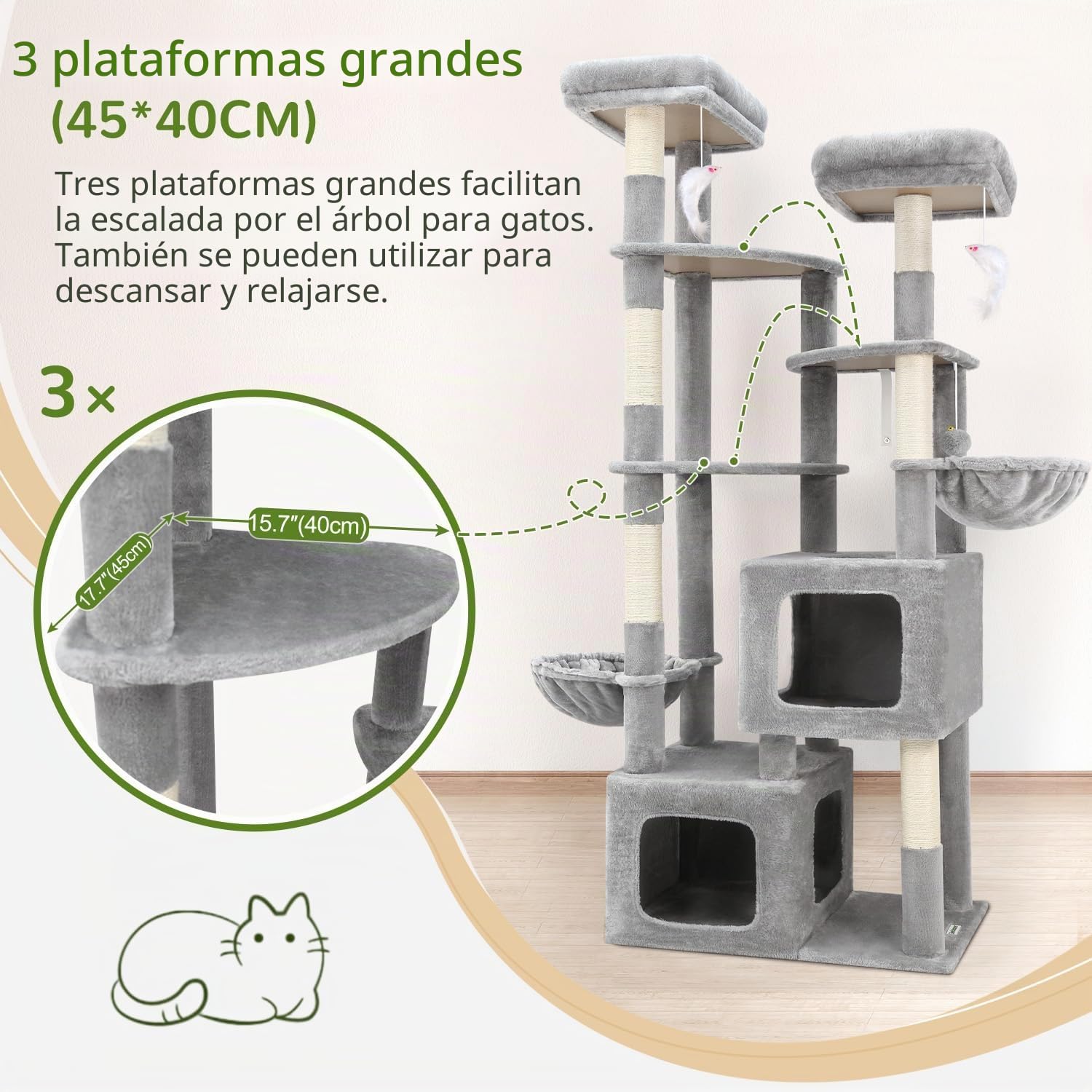 Globlazer Arbol Rascador para Gatos alto 189 cm con 2 Nidos Grande 45*40*35cm, 3 Plataforma Amplio 45*40CM, 2 Percha, 2 Cesta, Enorme Torre para Gatos Grandes Maine Coon Adultos (S74E, Gris Claro)