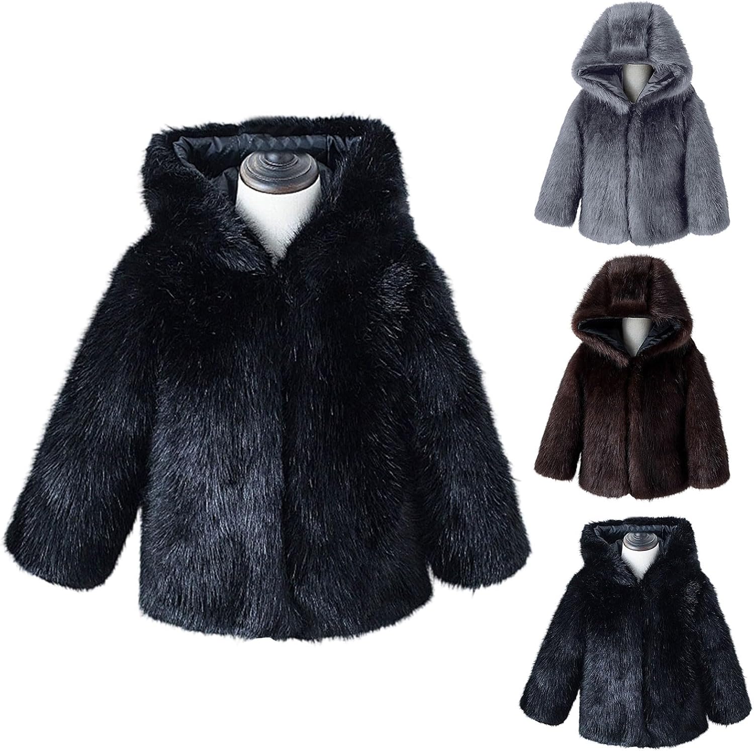 Kids Faux Fur Coat Girls Winter Fluffy Thick Warm Fleece Open Front Jacket Soft Long Sleeve Shaggy Hooded Outwear