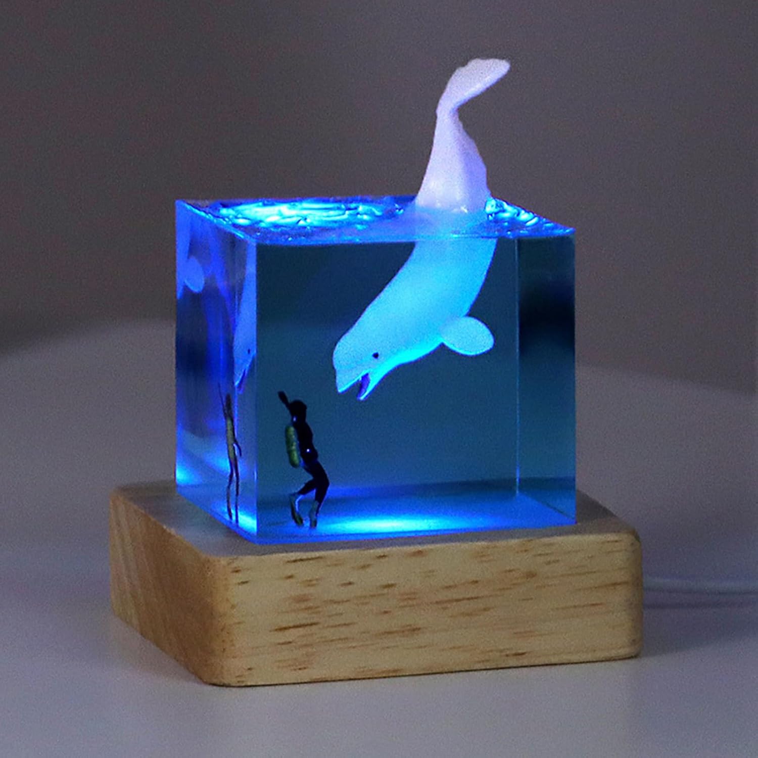 Drawelry Epoxy Resin Multicolor Light Lamp, Handmade Ocean Creative Resin Night Light Decor Wood Base, Whale Ocean Shark Surfer Lamp Desktop Decor Christmas Birthday Gift (Dolphin)