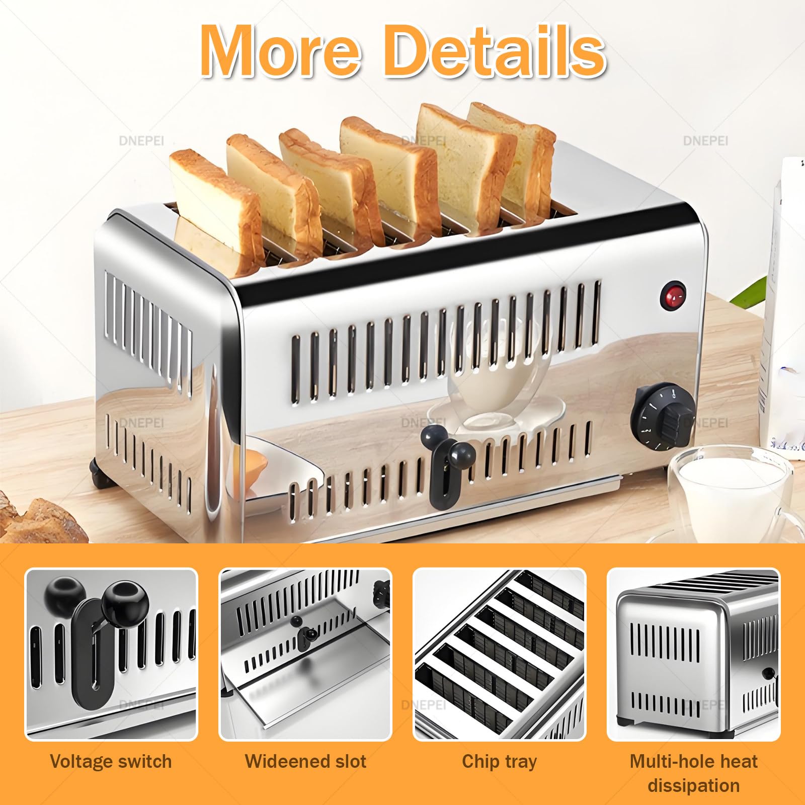 Macchina per Il Pane tostapane da 4/6 fette, scaldavivande Elettrico in Acciaio Inossidabile per Grandi volumi di Cottura in cucine, panetterie e Bar 6Slice