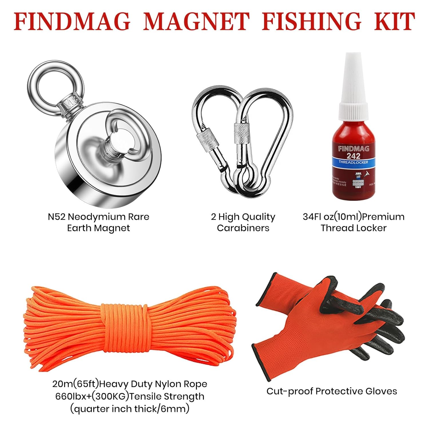 FINDMAG Fishing Magnet Kit, 750 lbs Pulling Force Magnetic Fishing, Double Sided Magnet Fishing with Rope, Magnetic Tool Kit for Retrieving Items in River, Lake, Beach, Lawn, 2.36" Diameter