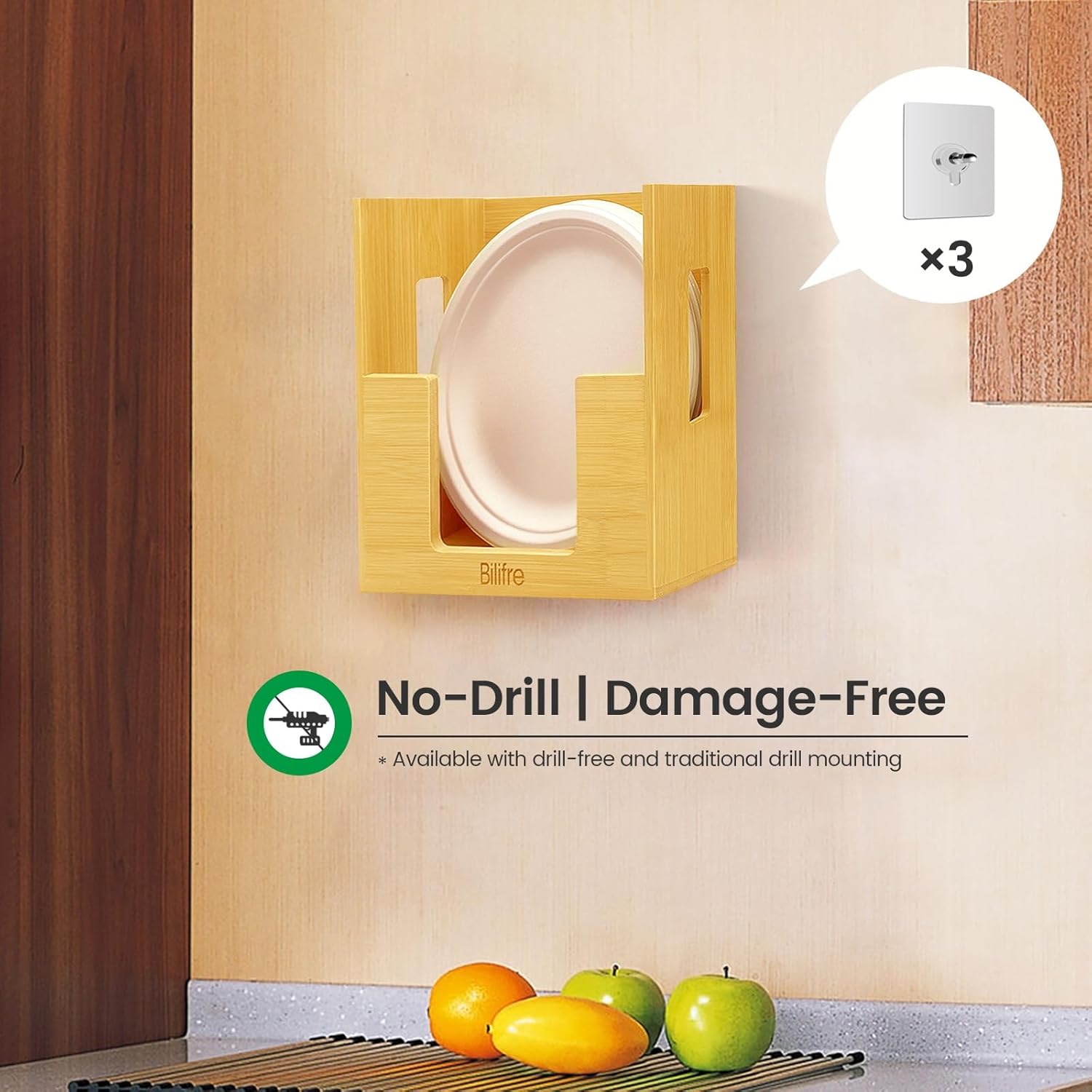 Bamboo 8-10" Paper Plate Holder – High-Capacity Vertical Dispenser, Easy Access Storage for Disposable Plates, No-Drill Wall & Cabinet Mount for Kitchen, Pantry, Office, Party