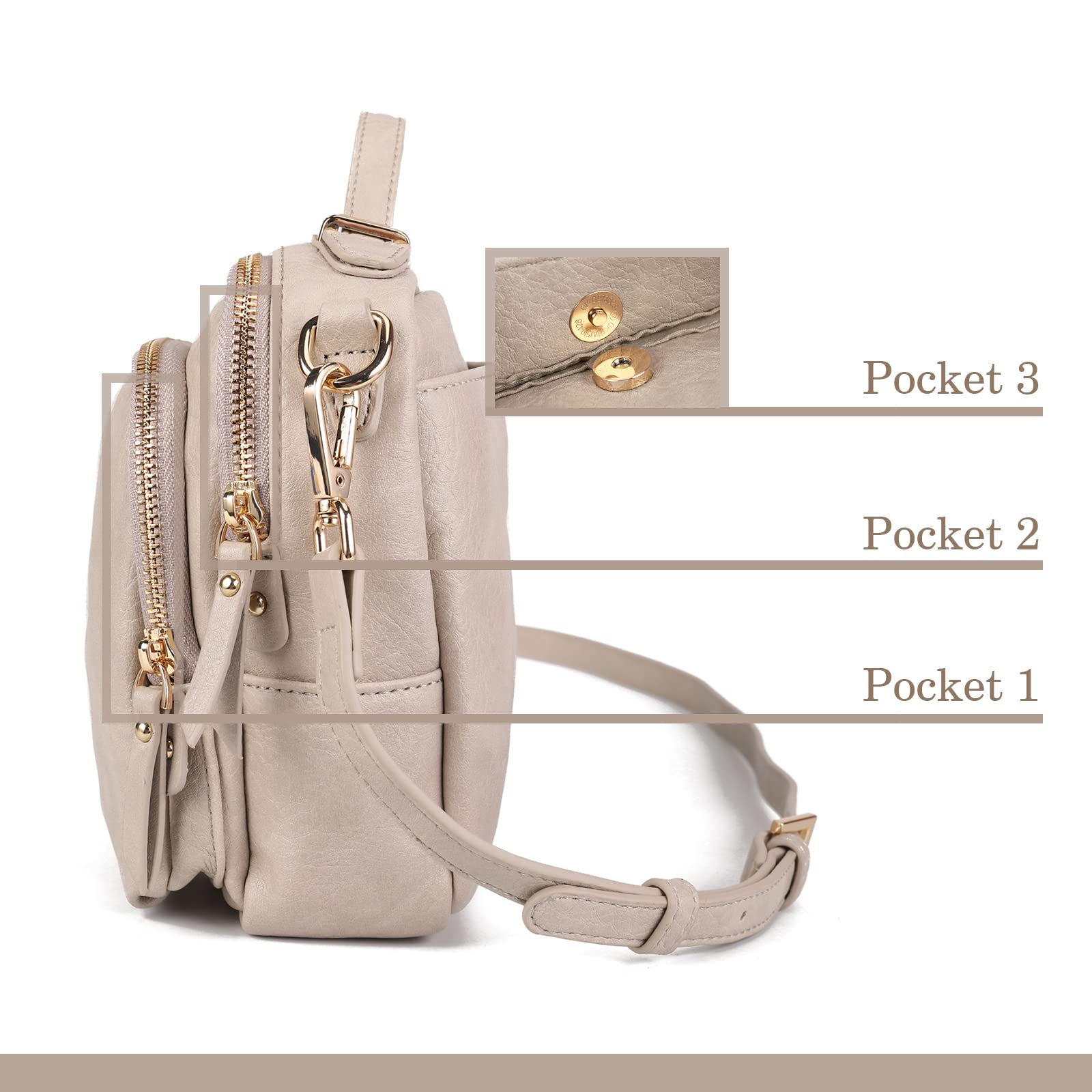 Gladdon Piccola Borsa a Tracolla Donna, Crossbody Bag con 3 Scomparti Capienti, Borsa Mano PU Pelle Sintetica, Borsetta Moda Borse Spalla con Tracolla Regolabile e Rimovibile…Taupe