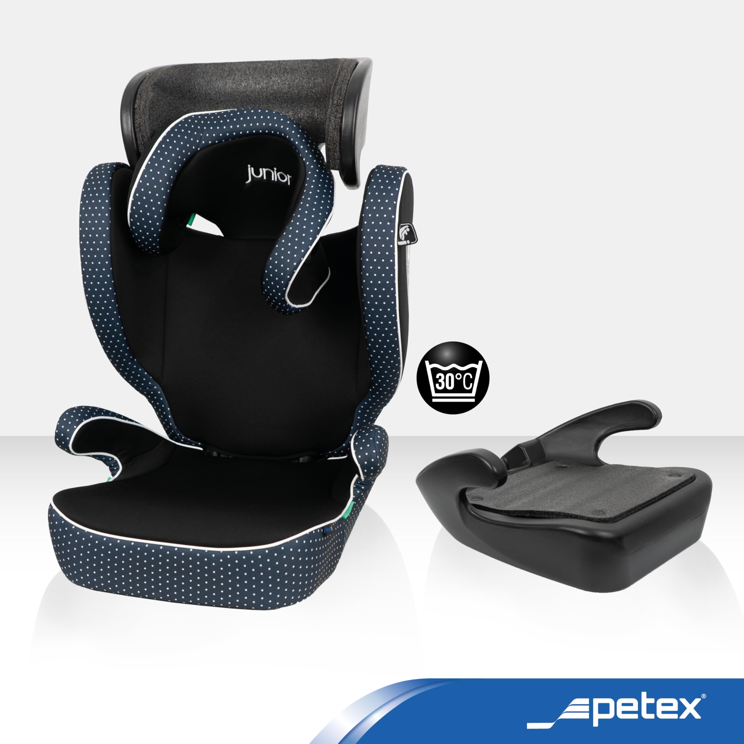 PETEX Asiento infantil para coche Basic i-Size según la norma ECE R129 para niños de aprox. 100 – 150 cm, asiento infantil regulable en altura en azul, 1 pieza