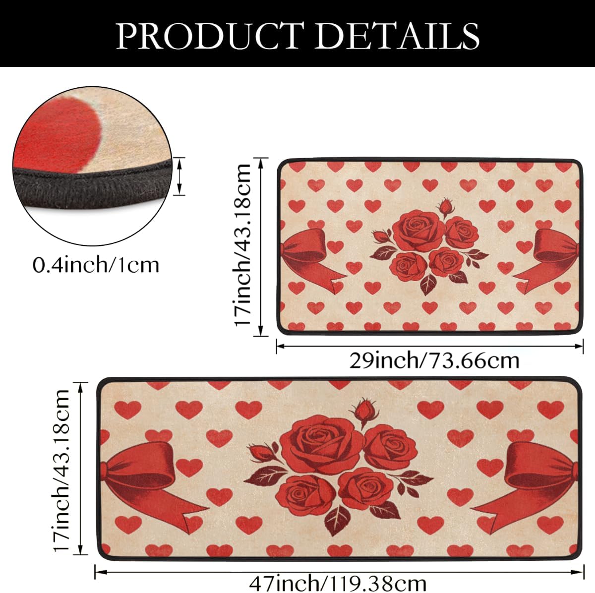 Anti Fatigue Red Rose Heart Print Kitchen Mats for Floor 2 Piece Set, Waterproof Non Slip Boho Kitchen Floor Rugs, Comfort Standing Mat for Sink Laundry & Home Kitchen 17"x47"+17"x29"