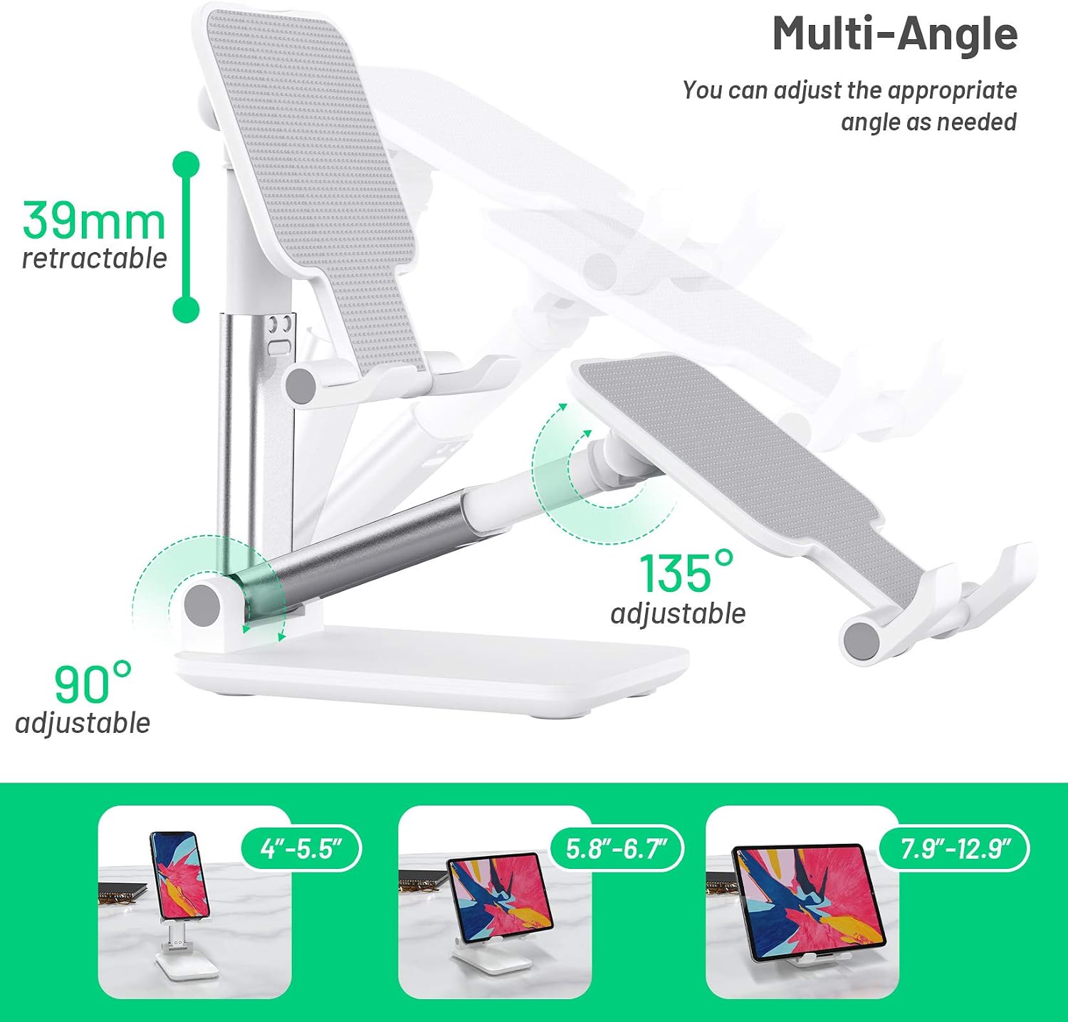Cell Phone Stand Adjustable Angle Height Phone Stand for Desk Stable and Non Slip Mobile Phone Holder, Compatible with Smartphone / iPhone / iPad, White