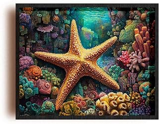 (Unframed) (10 x 8 IN) Matte Wall Art Print Of Cubism Poster Featuring a Starfish Resting on Vibrant Coral Formations in a Mystical Underwater Kingdom; Perfect Wall Art for Ocean Lo. - 925POSMk1099cWH