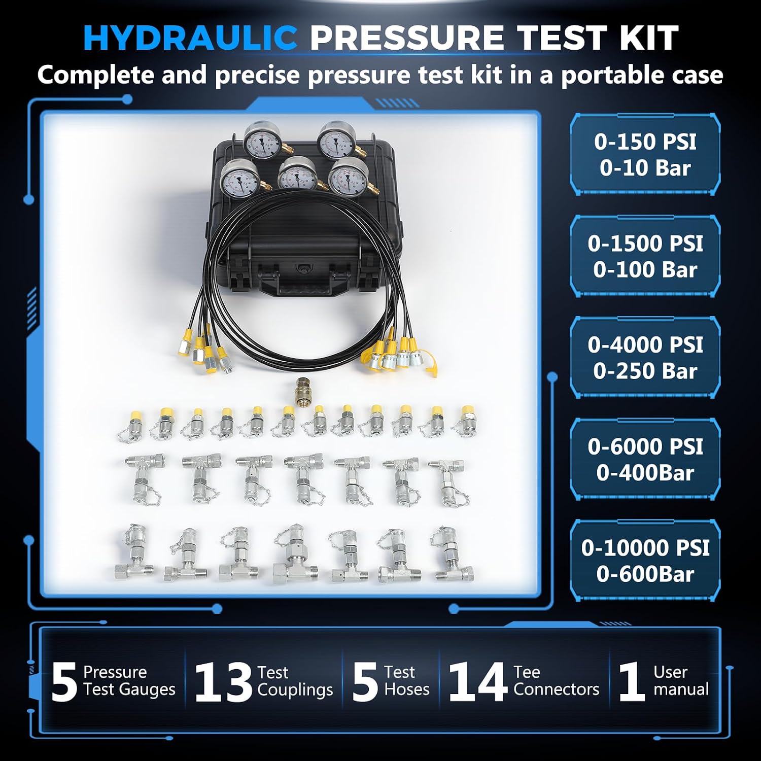 Hydraulic Pressure Test Kit with 5 Gauges up to 10000 PSI 10–600 Bar, 13 Couplings 14 Tee Connectors and 5 Hoses, Hydraulic Tester for Excavators Loaders and Construction Equipment