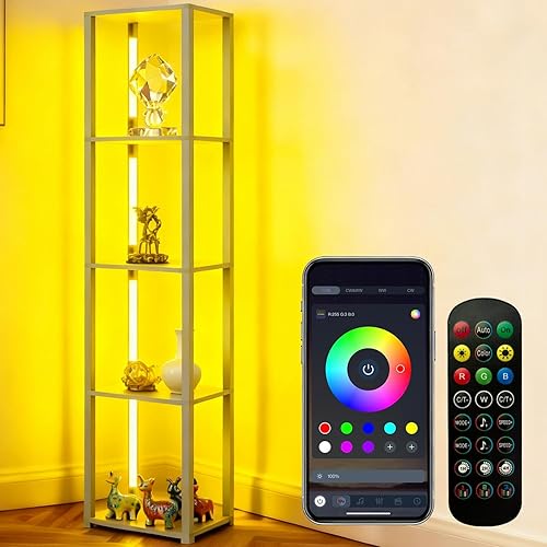 Miniatura 19 de Lámpara de pie LED con estantes, lámpara de estante con control remoto para dormitorio y sala de estar, lámparas de pie de exhibición de esquina con