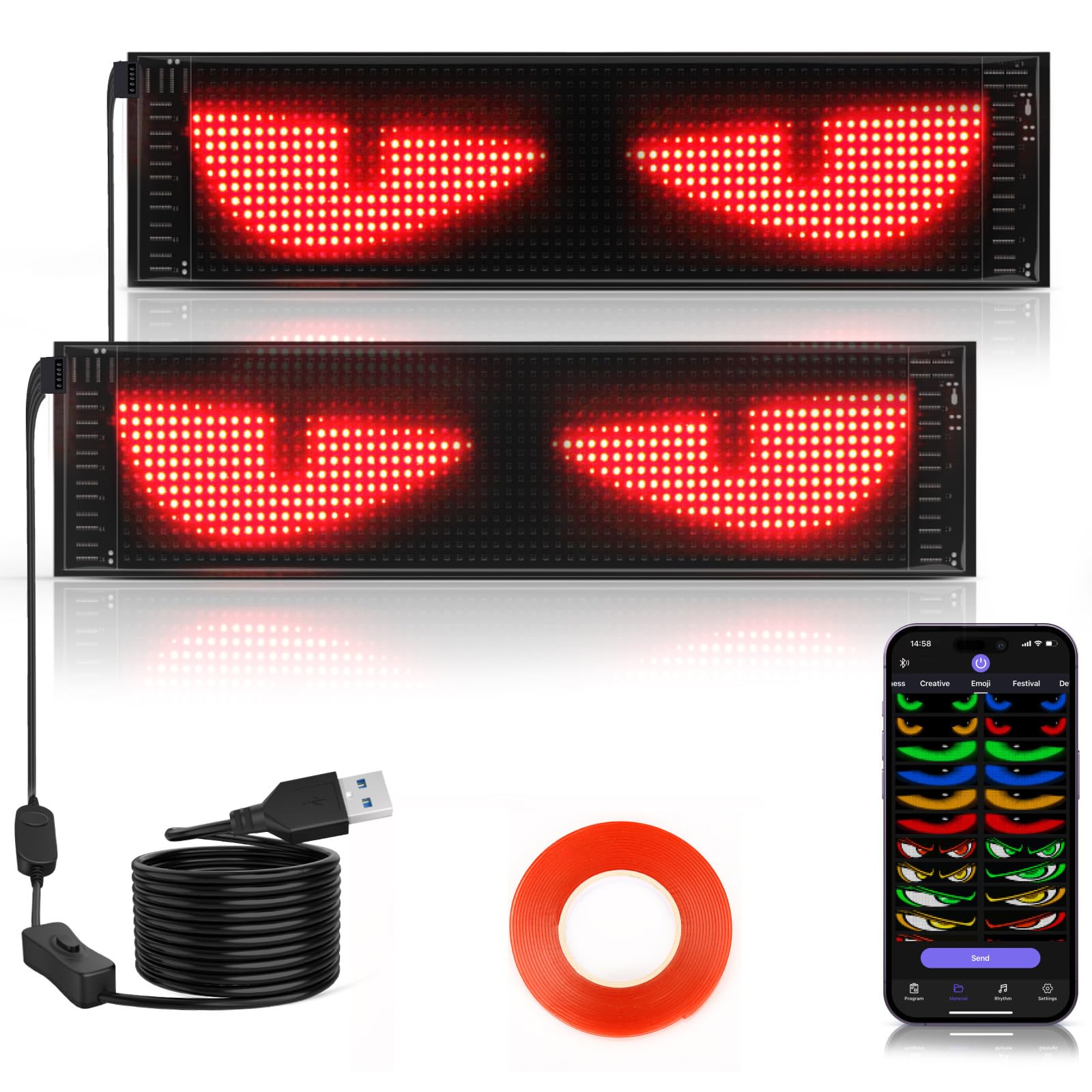 Juego de 2 ojos LED para coche, 37 x 9 cm, tablero de pantalla flexible programable con control Bluetooth, luces dinámicas USB para ventana de policía