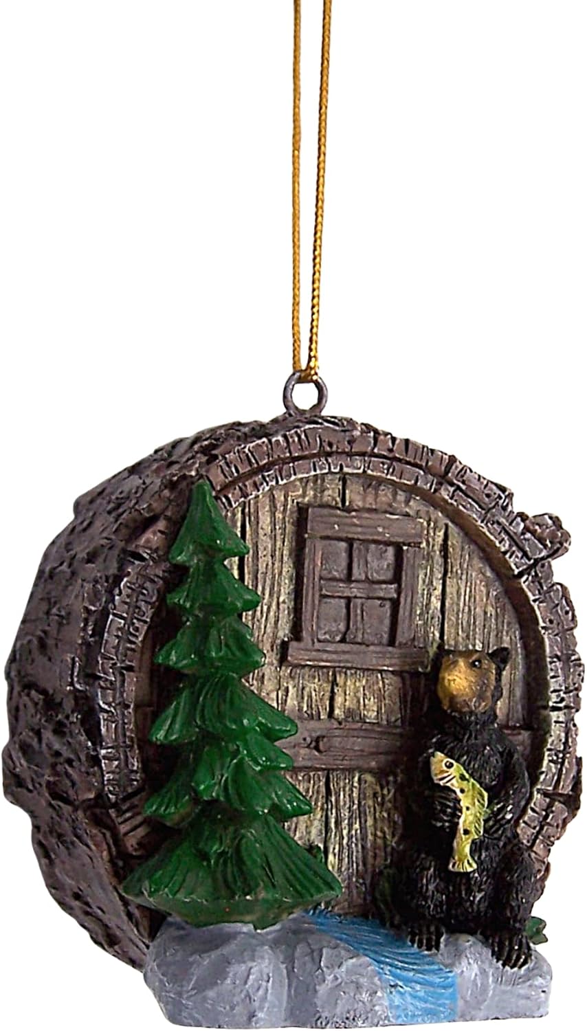 Fishing Bear at a Log Cabin Christmas Ornament, Holiday Décor, Rustic Theme, 2.5 Inches