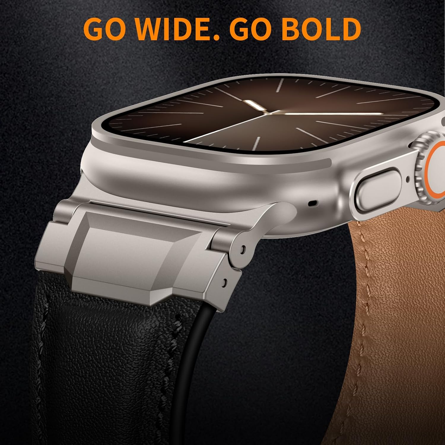 Leather Bands Compatible with Apple Watch Ultra 3/2/1 Band 49mm 46mm 45mm 44mm 42mm, Genuine Leather Metal Connector Strap for iWatch Ultra Series 11/10/9/8/7/SE/6/5/4/3/2/1, Black/Titanium