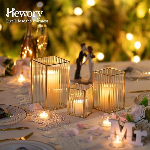 Miniatura 4 de Hewory Portavelas dorado de huracán 3 portavelas de vidrio de huracán acanalado para velas de pilar, portavelas de pilar cuadrado para centro de