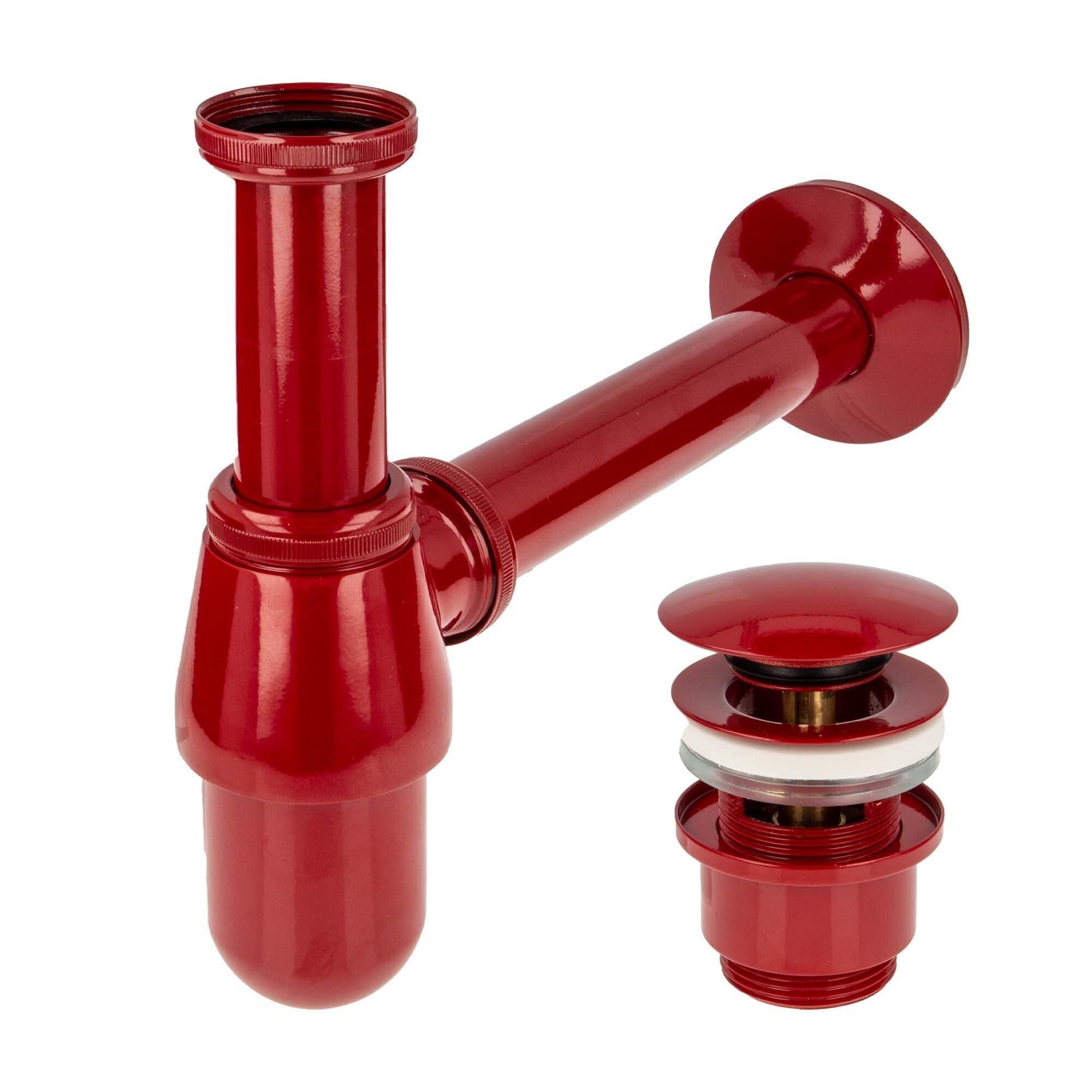 tecuro Siphon mit Pop Up Ablaufventil rot (RAL 3003) - Universal Set für Waschtisch/Waschbecken