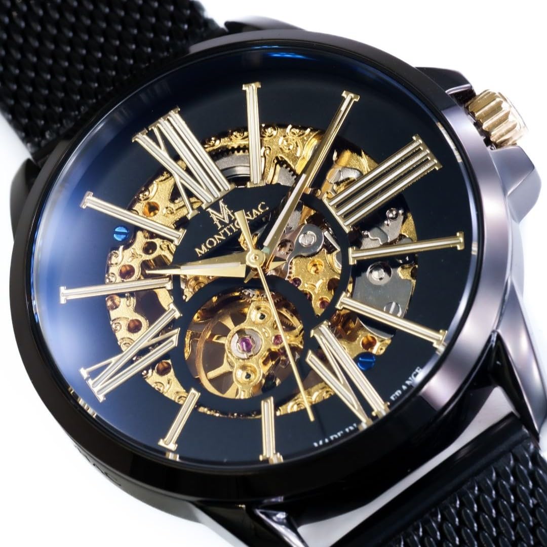 Montignac – Montre Automatique Homme – Cadran Squelette Noir – Index Dorés Romains, Bâtons – Bracelet Maille Milanaise – Boîtier Acier 42 mm – Étanchéité 5 ATM – Style Élégant - MOW405