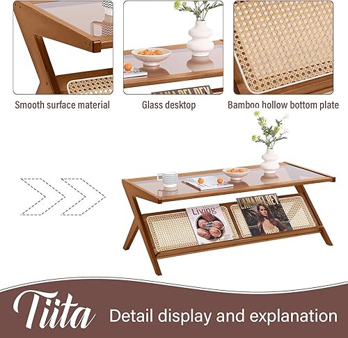 Miniatura 24 de Tiita Paquete de 2 mesas auxiliares de ratán, mesitas de noche de mediados de siglo, mesas de noche de bambú con acento de bambú, mesas de café de