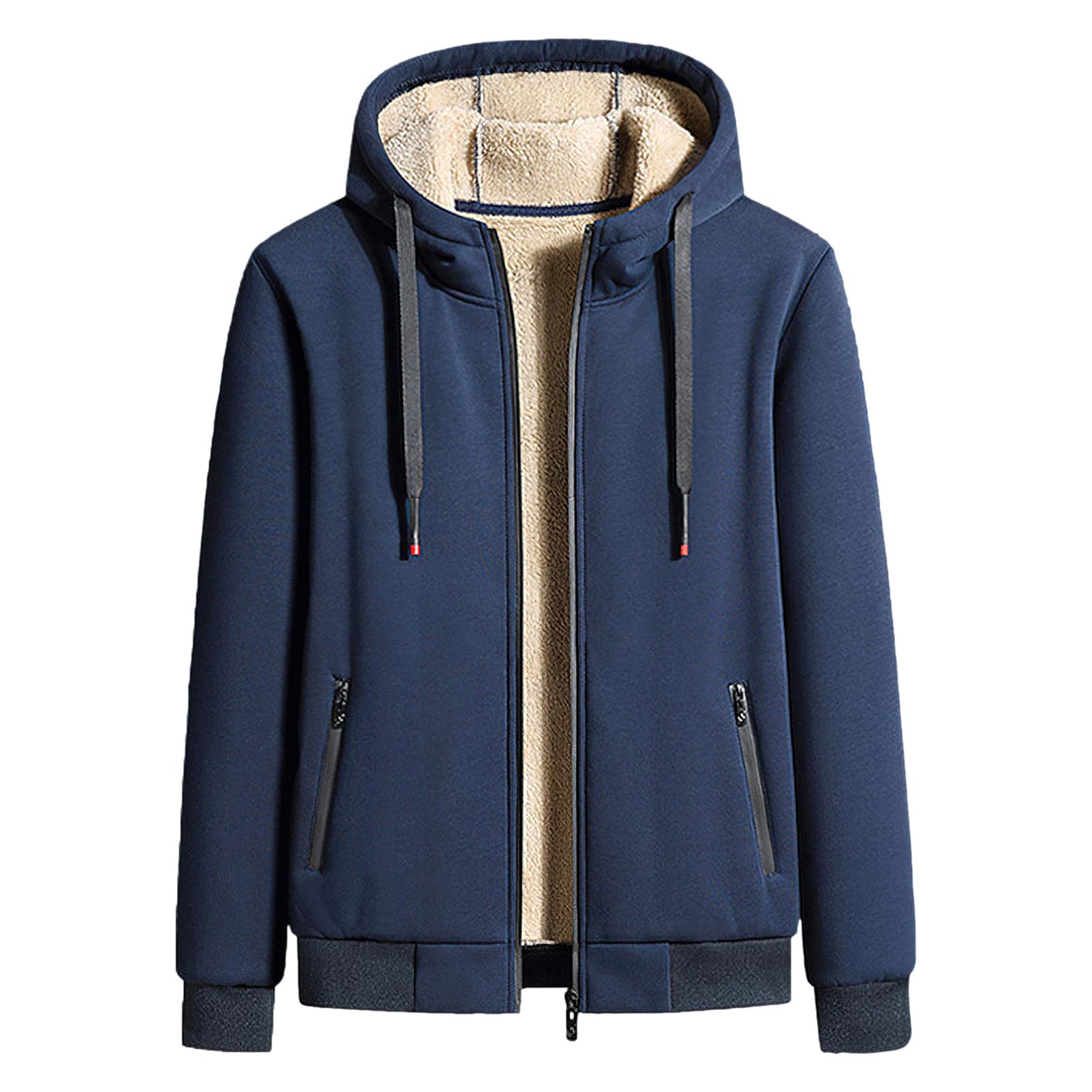 Uomo Inverno Tuta da Ginnastica in Cotone Foderata in Pile Giacca con Cappuccio e Pantaloni Sportivi con Tasche con Zip