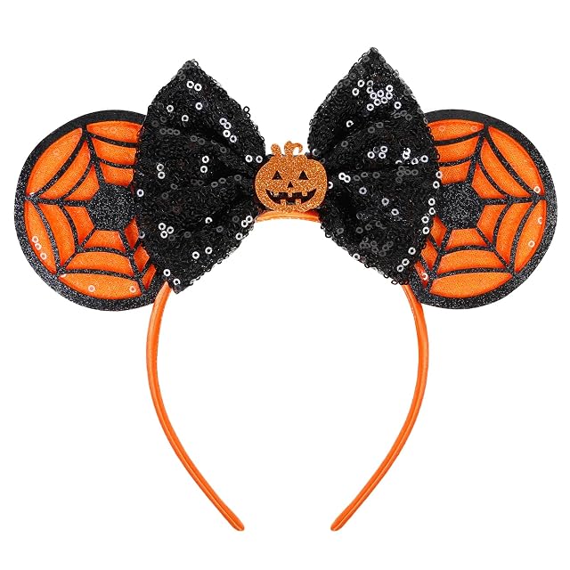 Halloween Mouse Ears Headbands for Women Bow Decoration Hairbands with Pumpkin and Web Sequin Headband Party Cosplay Hair