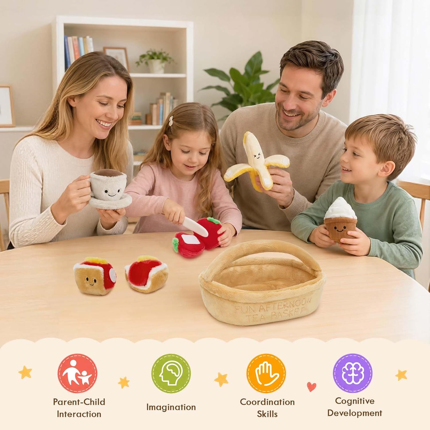 MaoGoLan Plush Tea Sets for Toddlers, 7pcs Tea Party Plush Set Cutting Pretend Play Food Sets Toys for Kids with Cups, Desserts, Fruits, Basket, Birthday Gift for Girls Boys Children Toddlers