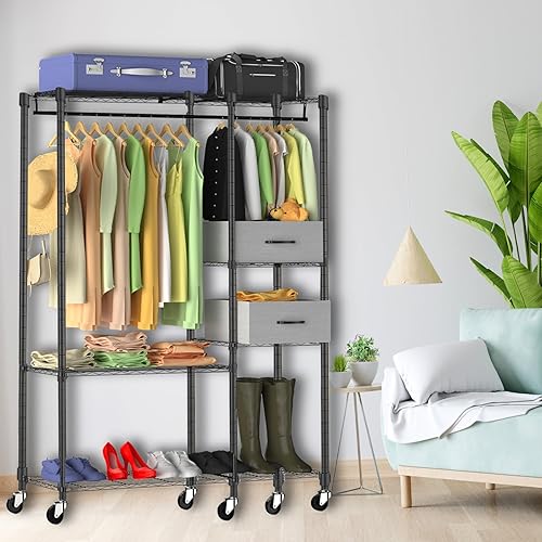 Miniatura 7 de Perchero de ropa resistente con ruedas de 2.5 pulgadas, armario portátil con estantes, organizadores de ropa y almacenamiento con ganchos laterales,