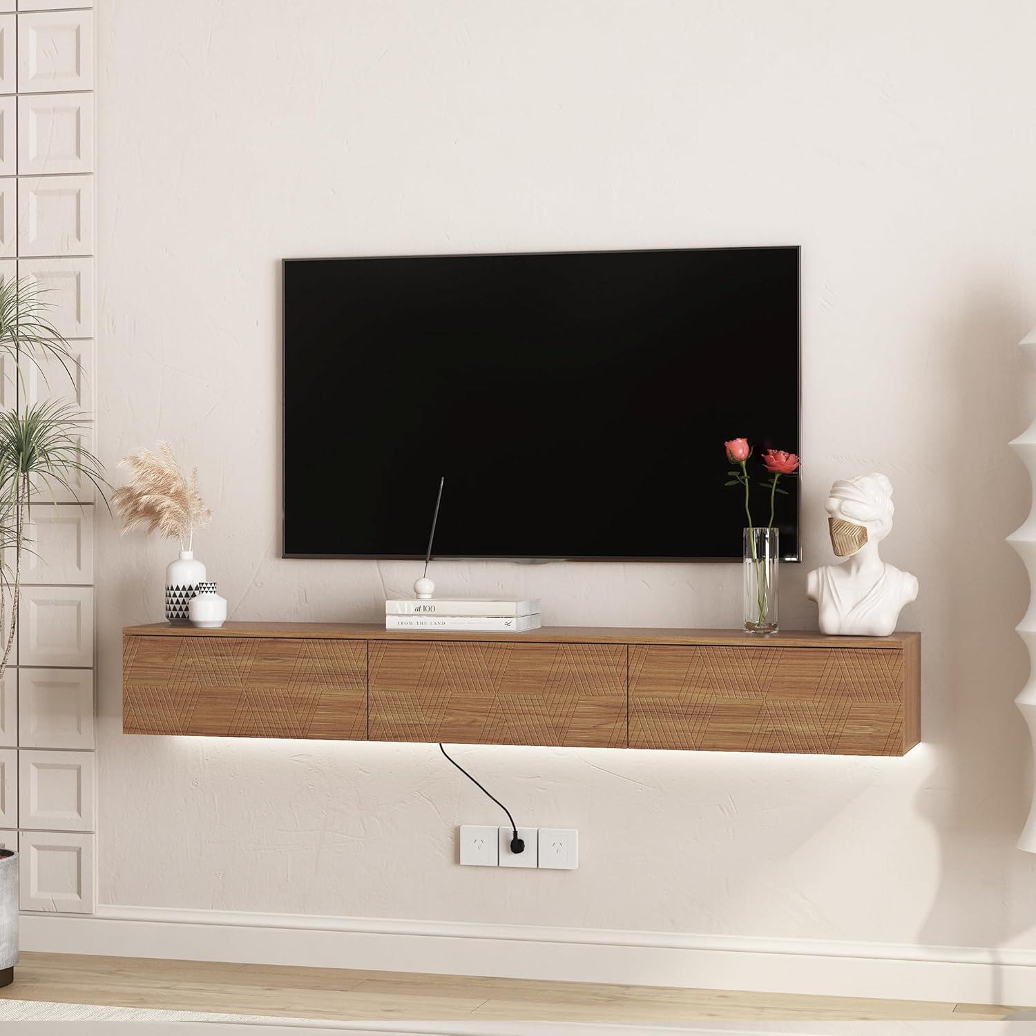 Floating TV Stand Wall Mounted with Led Lights, Modern Floating Entertainment Center, 67" Large Storage Media Console Wall Unit for Living Room Bedroom, Walnut