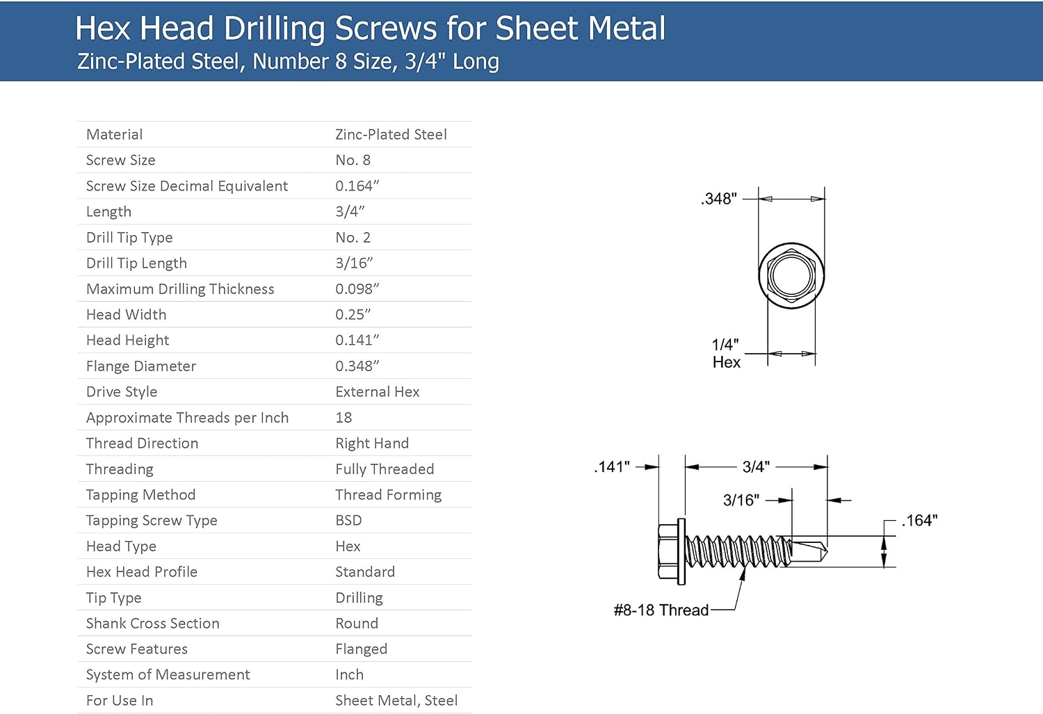 #8 x 3/4" Hex Washer Head Self-Drilling Tek Screw Zinc Plated Steel for Attaches Sheet Metal Steel or Steel to Metal - Box of 100