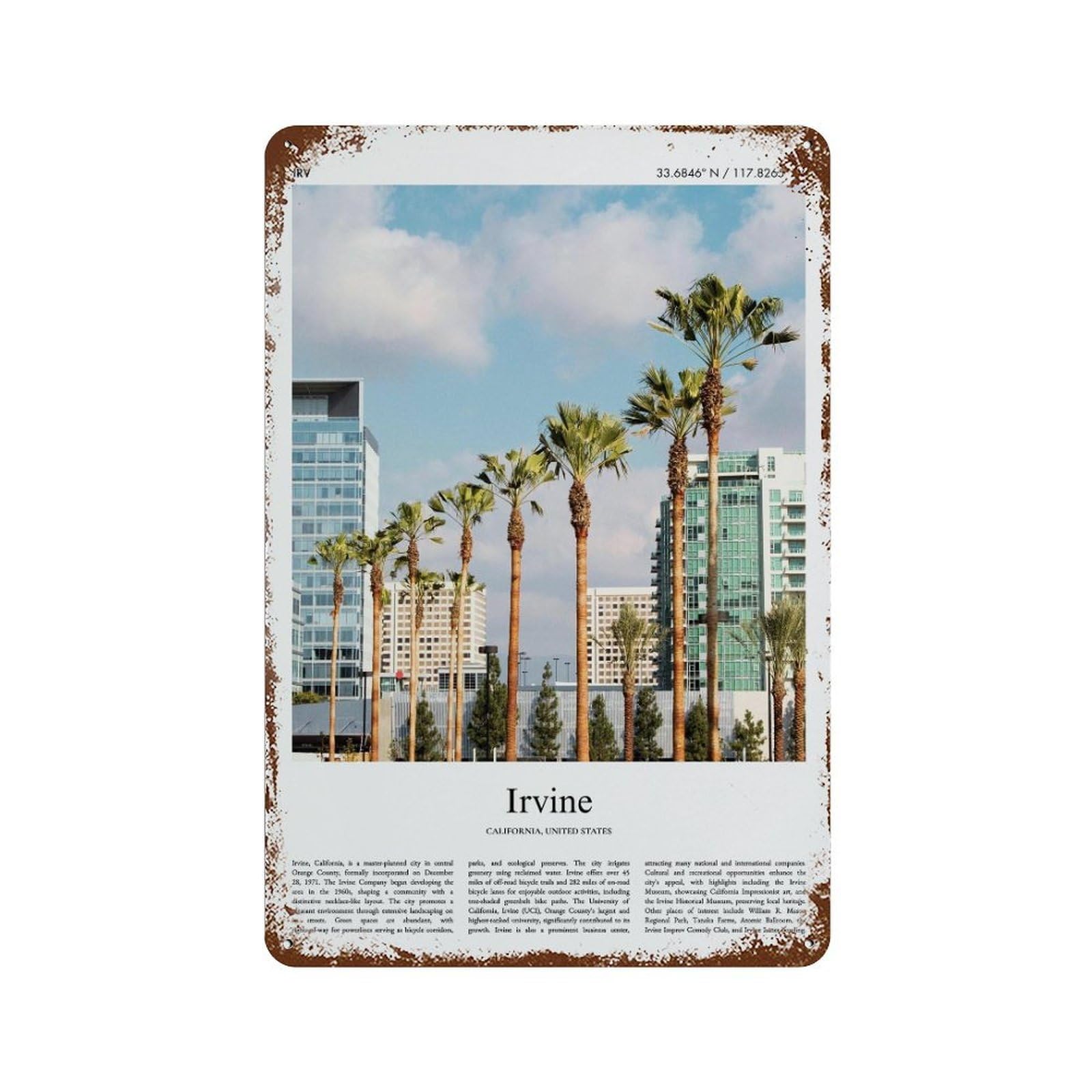 xiaoxiaoshen Irvine California, United States, USA City Scenery Wall Decor Art Metal Tin Poster Modern Home Decor Art Home Bar Shop Decorations Vintage Sign 30x20cm