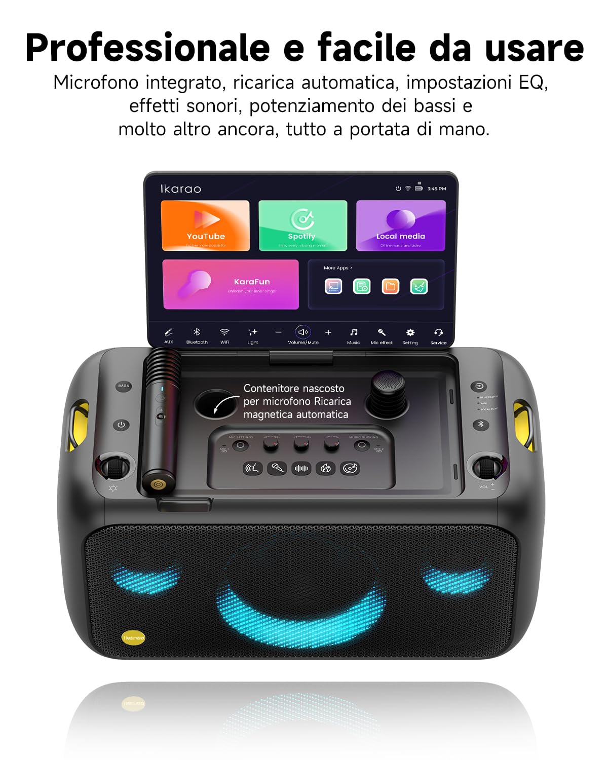 Ikarao Break X1 Macchina Karaoke con Schermo Touch 13,3", Altoparlante Bluetooth 800W, 2 Microfoni Wireless e Luci LED – Perfetta per Feste, Serate in Famiglia ed Eventi con Design Moderno