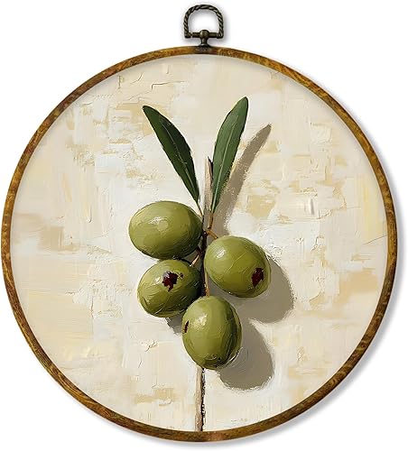 Hiuwevt Decoración de pared redonda de olivo de naturaleza muerta para cocina, impresiones de lienzo con marco botánico de olivo retro, barra de