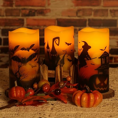 Miniatura 3 de OWLBAY Juego de 3 velas parpadeantes sin llama de Halloween con control remoto y temporizador, velas LED de cera real que funcionan con pilas,