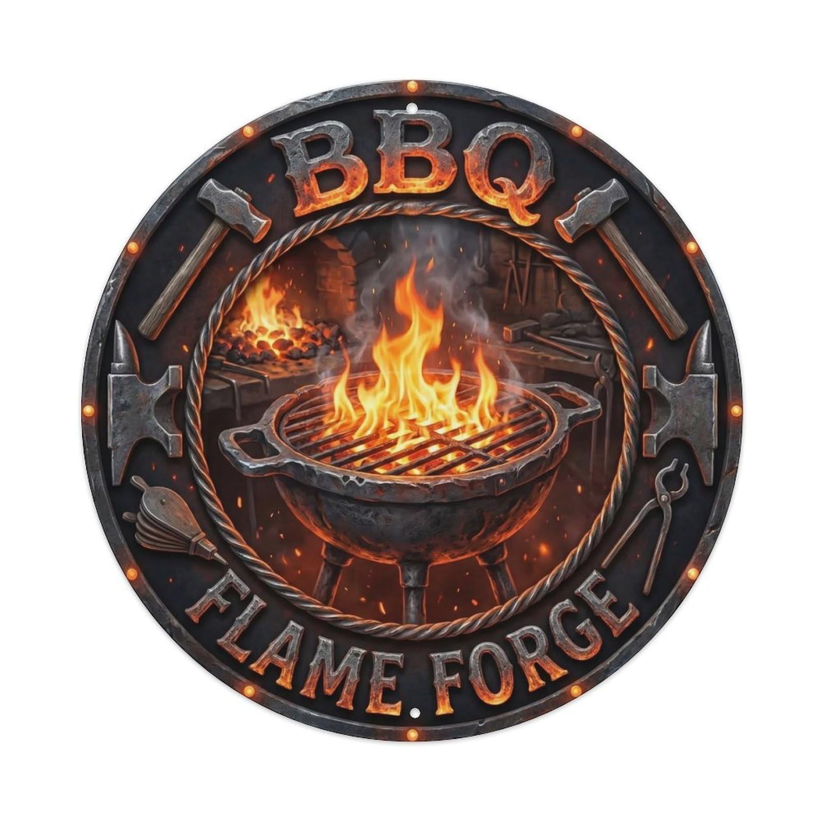 BBQ Barbecue Flame Forge Vintage Metal Tin Sign Plaque Wall Decor for Cafe, Club, Garden Round Metal Poster 8x8Inch