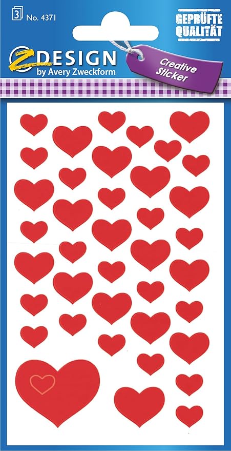 AVERY Zweckform 4371 Papier-Sticker Herzen 117 Aufkleber (selbstklebend, Glitzer, Gastgeschenke, Mitgebsel, Scrapbooking, Hochzeit, Bullet Journal, Liebe, Briefe, Poesiealbum, Freundschaftsbuch)